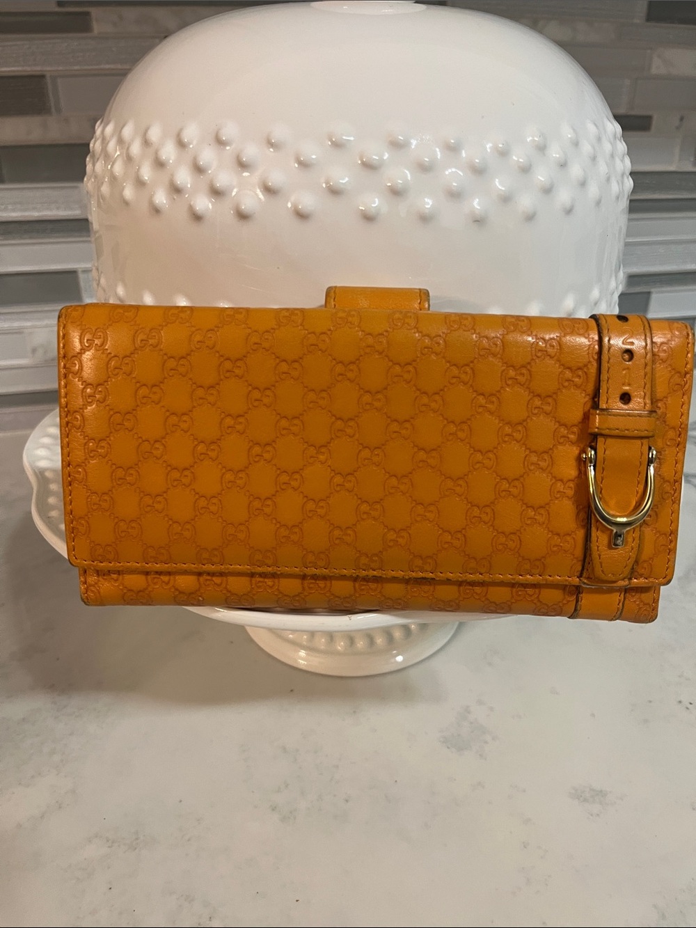 Gucci Orange Embossed GG Leather Wallet with Gold D-Ring